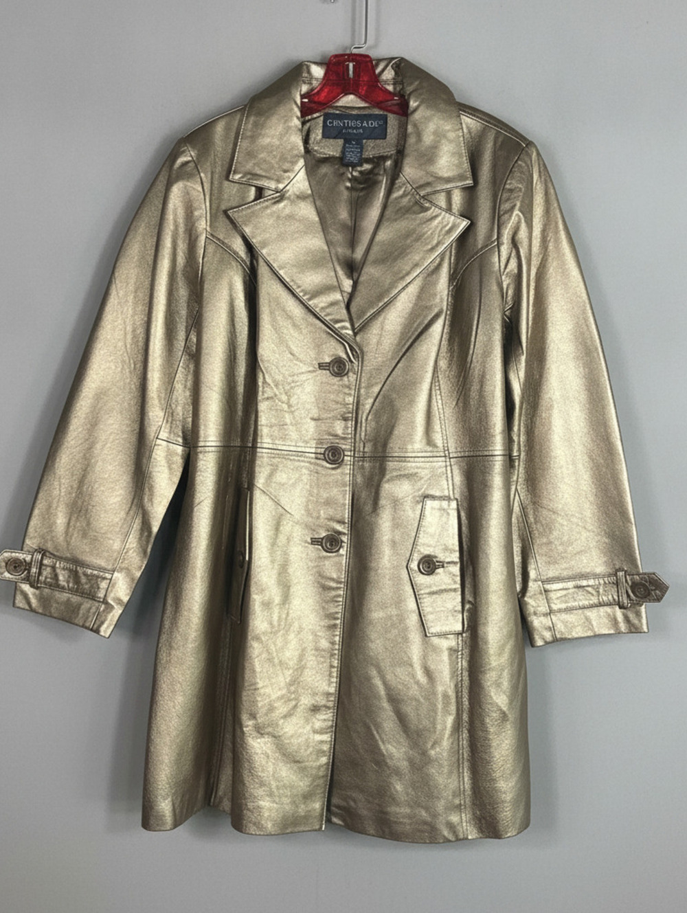 Centigrade Leather Metallic Gold Leather Trench Coat Belted Plus Size 1X Mobwife
